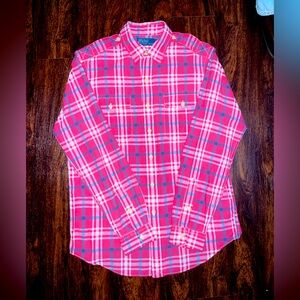 Polo by Ralph Lauren 2 Front Pockets, Red Plaid Cotton, Shoulder Epaulettes, M